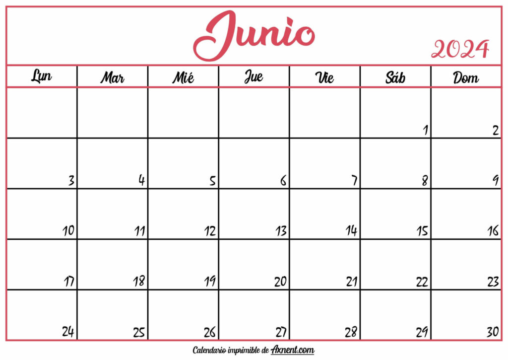 Calendario En Blanco Junio 2024