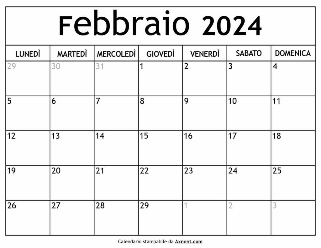 Calendario Febbraio 2024