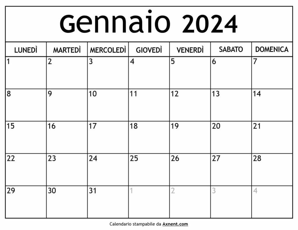 Calendario Gennaio 2024