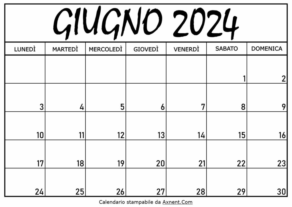 Calendario Giugno 2024 da Stampare