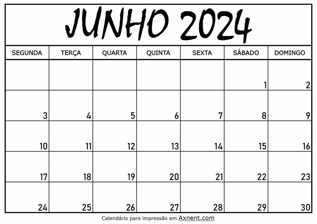 Calendário Mensal Junho 2024