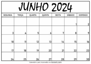 Calendário Mensal Junho 2024