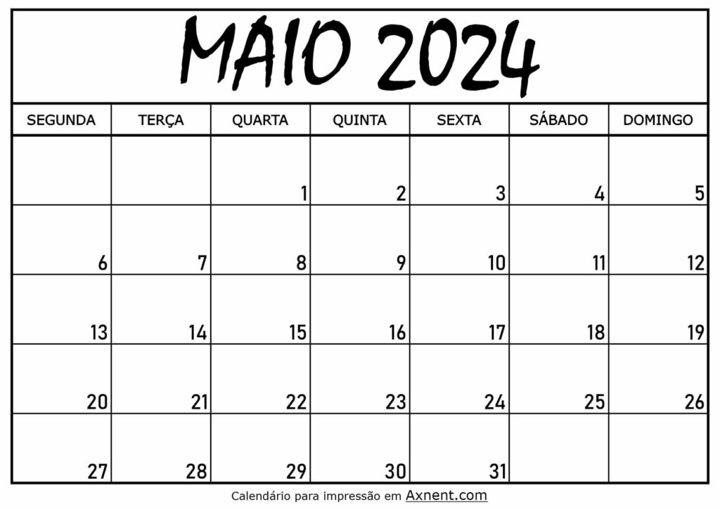 Calendário Mensal Maio 2024
