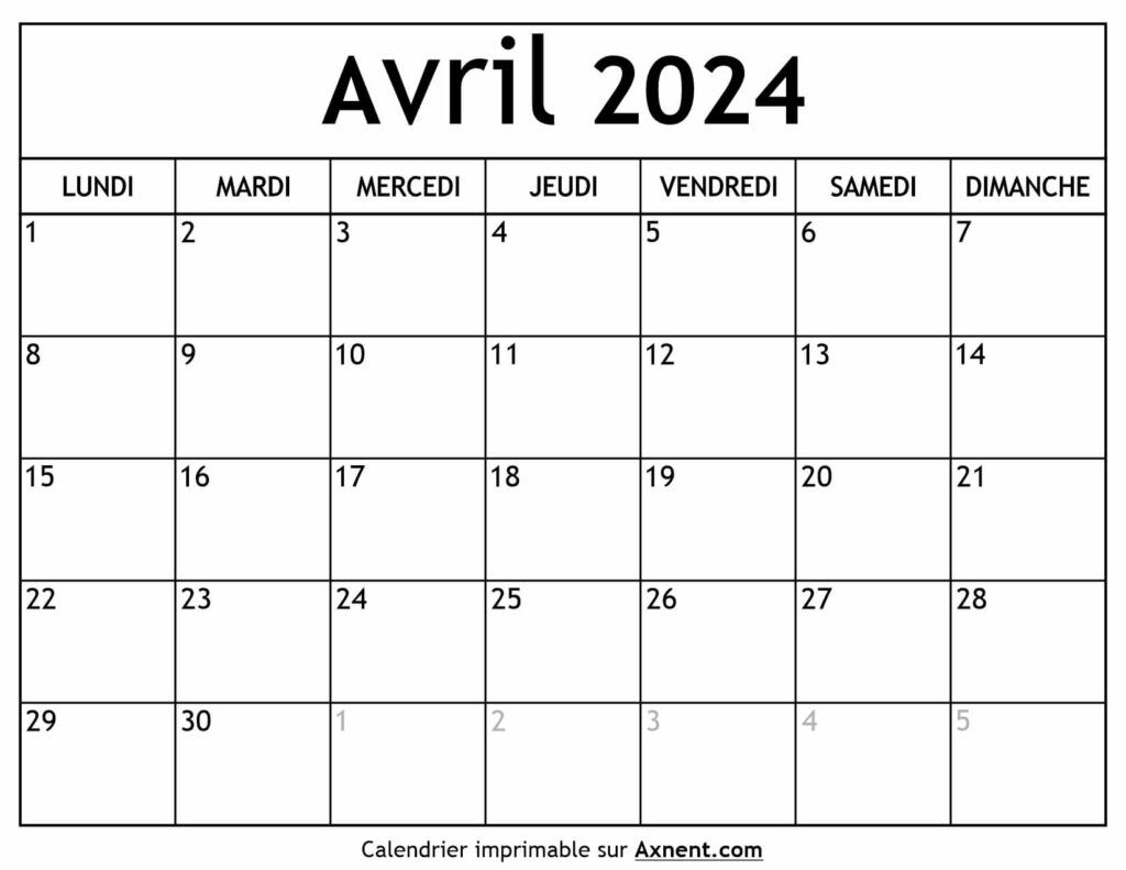 Calendrier Avril 2024