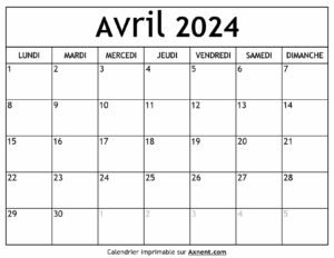 Calendrier Avril 2024