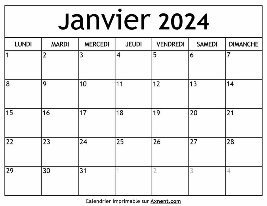 Calendrier Janvier 2024