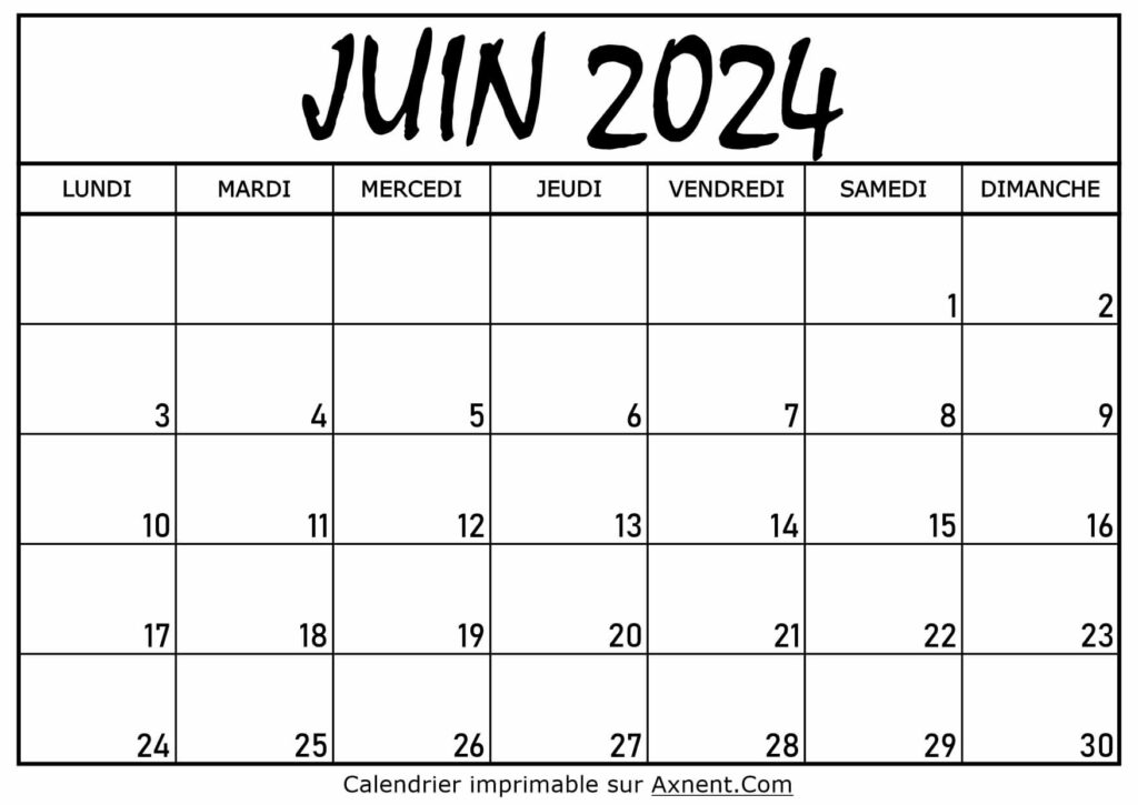 Calendrier Juin 2024 À Imprimer`