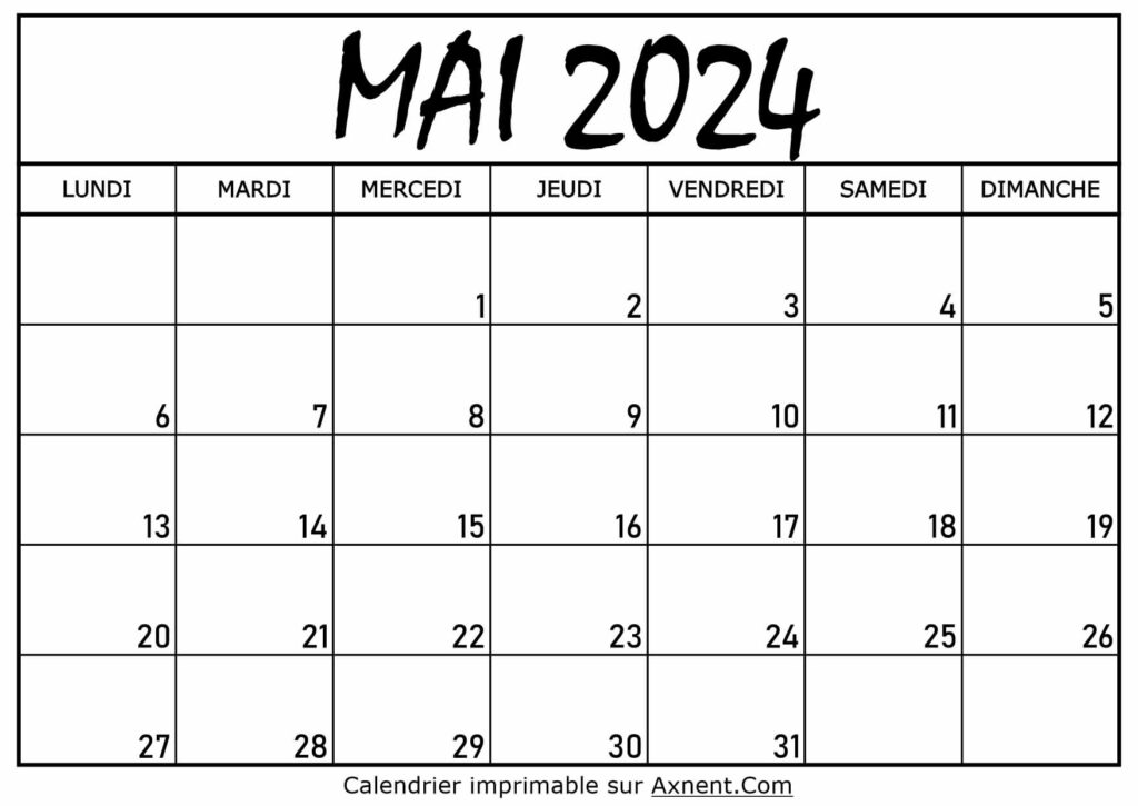 Calendrier Mai 2024 à consulter ou imprimer 