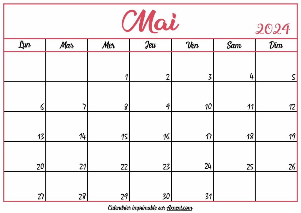 Calendrier Vierge Mai 2024