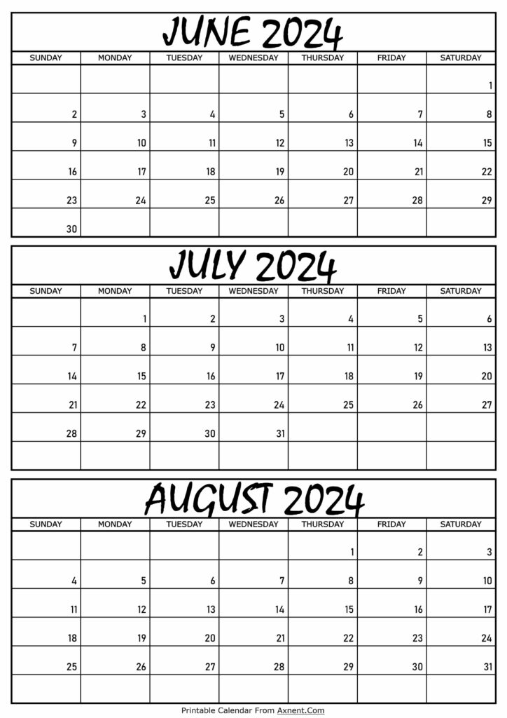 June July and August Calendar 2024