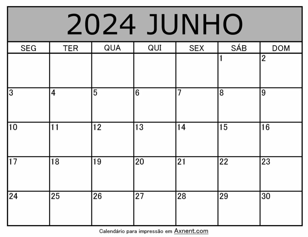 Junho De 2024 Calendario Imprimível