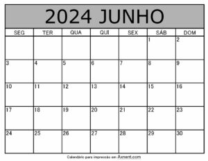 Junho De 2024 Calendario Imprimível