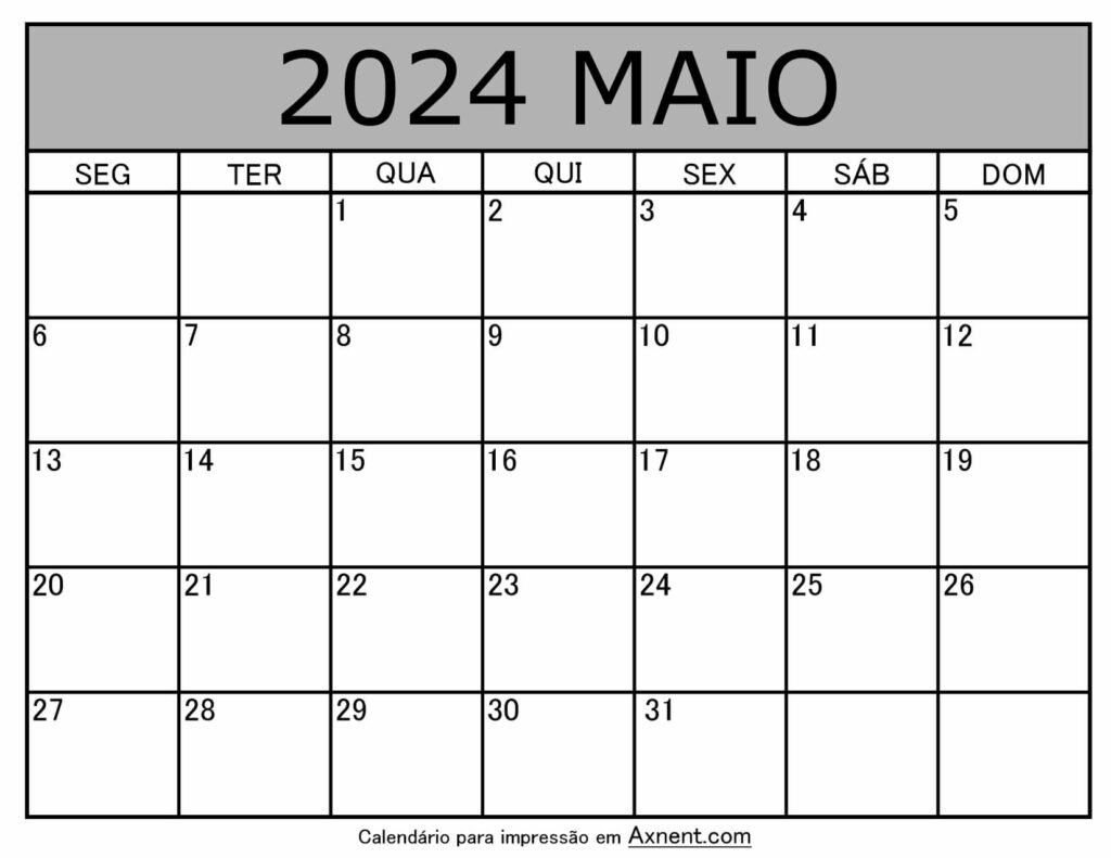 Maio De 2024 Calendario Imprimível