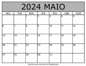 Maio De 2024 Calendario Imprimível