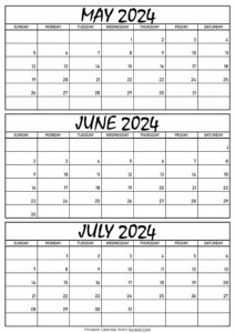 May June and July Calendar 2024
