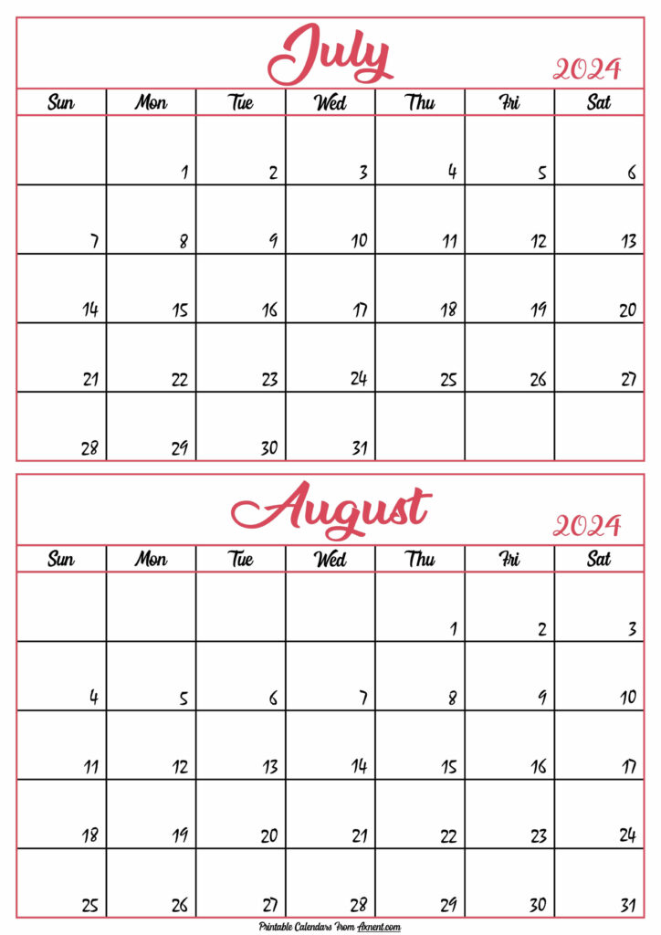 Calendar 2024 July August