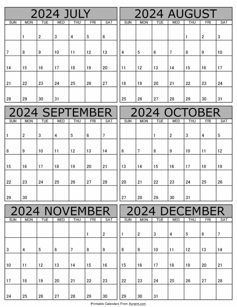 Calendar 2024 July to December