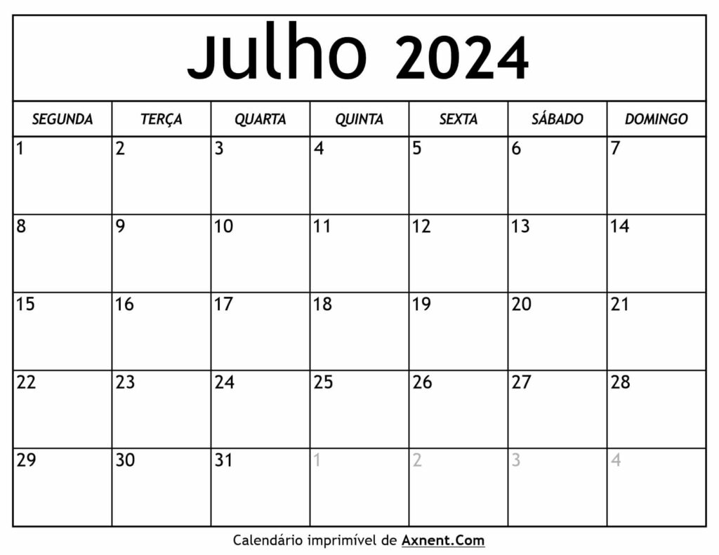 Calendário De Julho De 2024