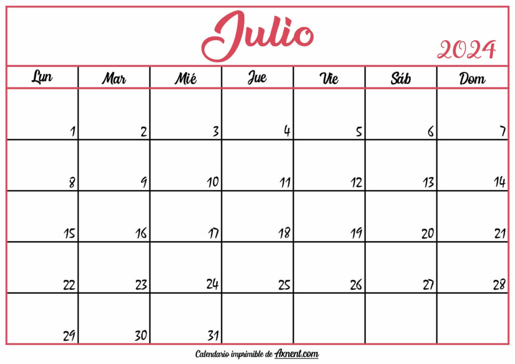 Calendario En Blanco Julio 2024