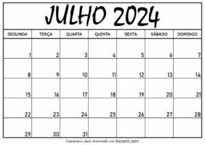 Calendário Mensal Julho 2024