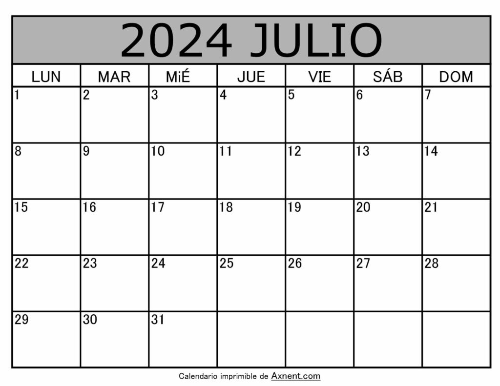 Calendario Mensual Julio 2024