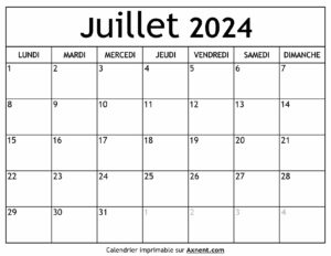 Calendrier Juillet 2024