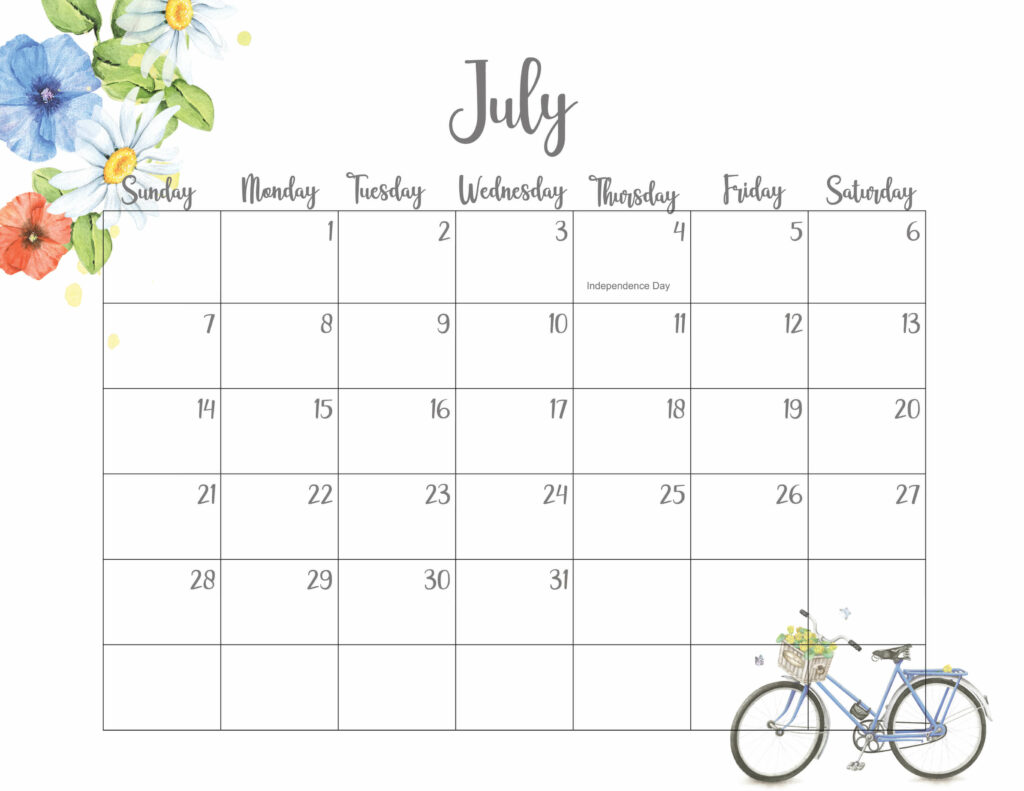 Cute July Calendar 2024
