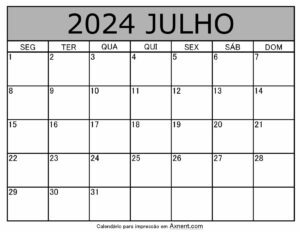 Julho De 2024 Calendario Imprimível