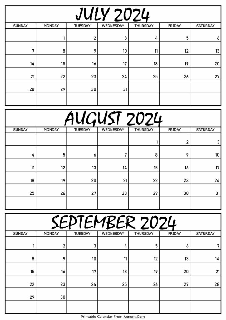 July August and September Calendar 2024