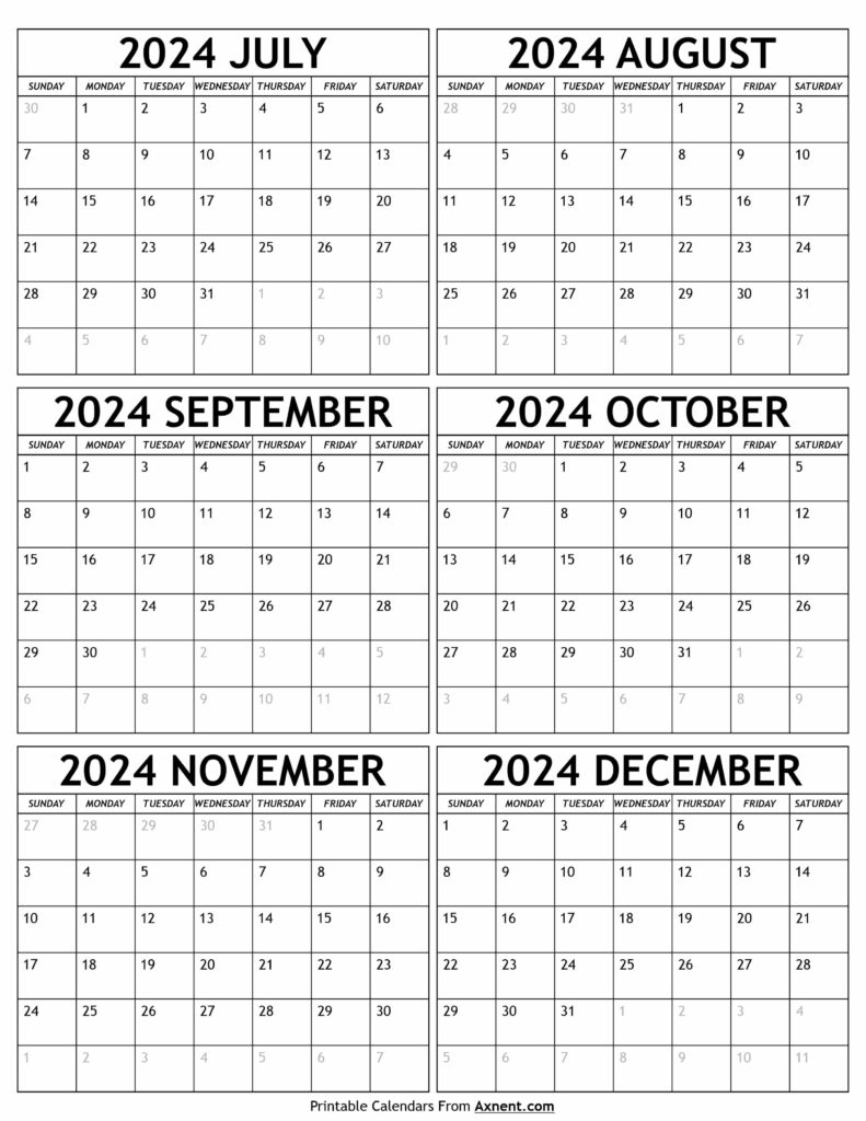 July to December 2024 Calendar