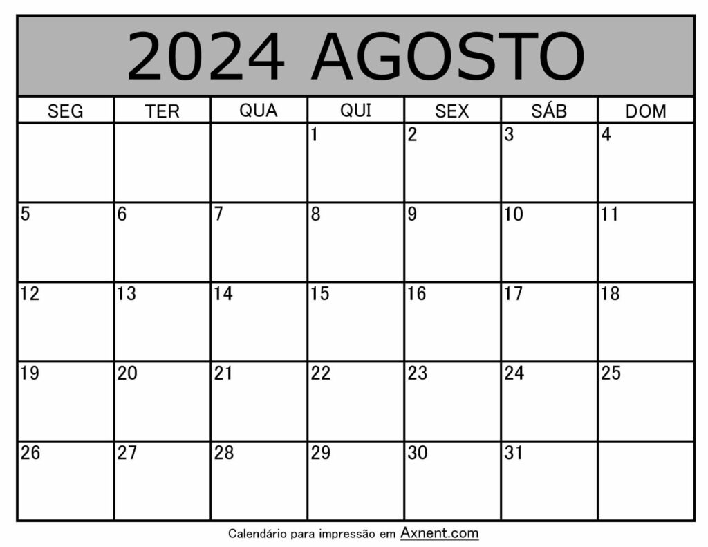 Agosto De 2024 Calendario Imprimível