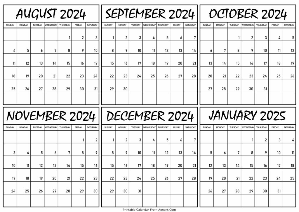 Calendar August 2024 to January 2025