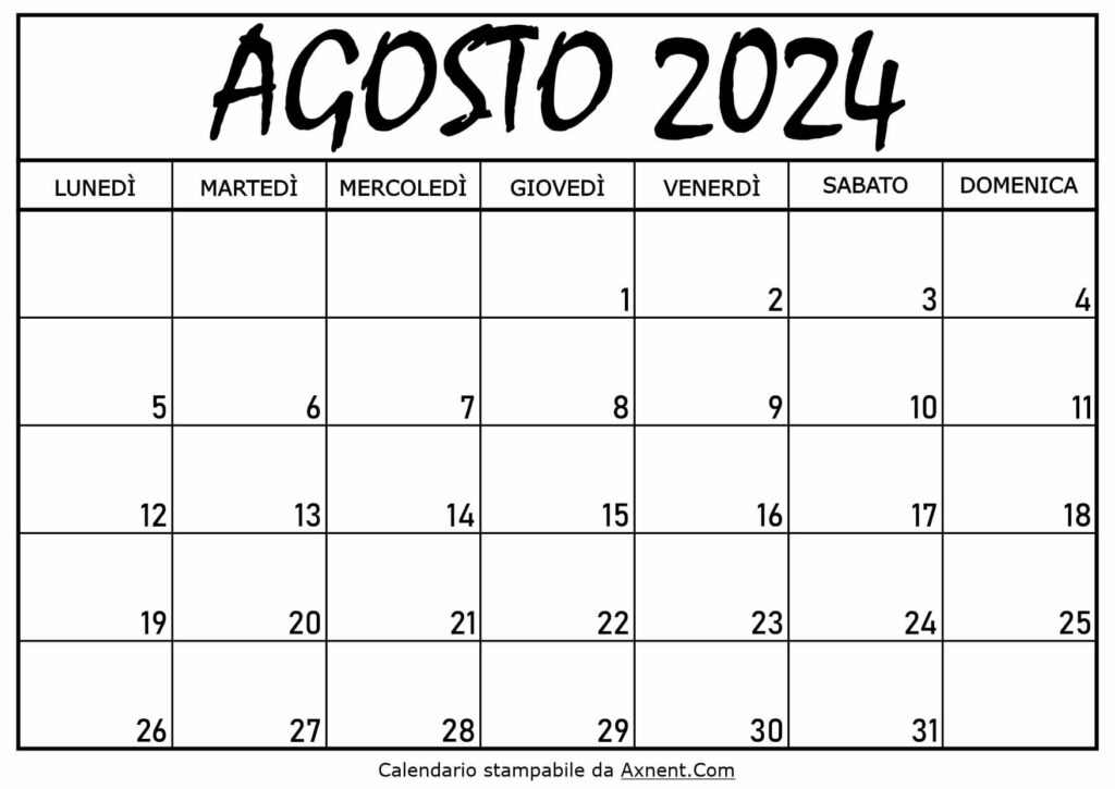 Calendario Agosto 2024 da Stampare