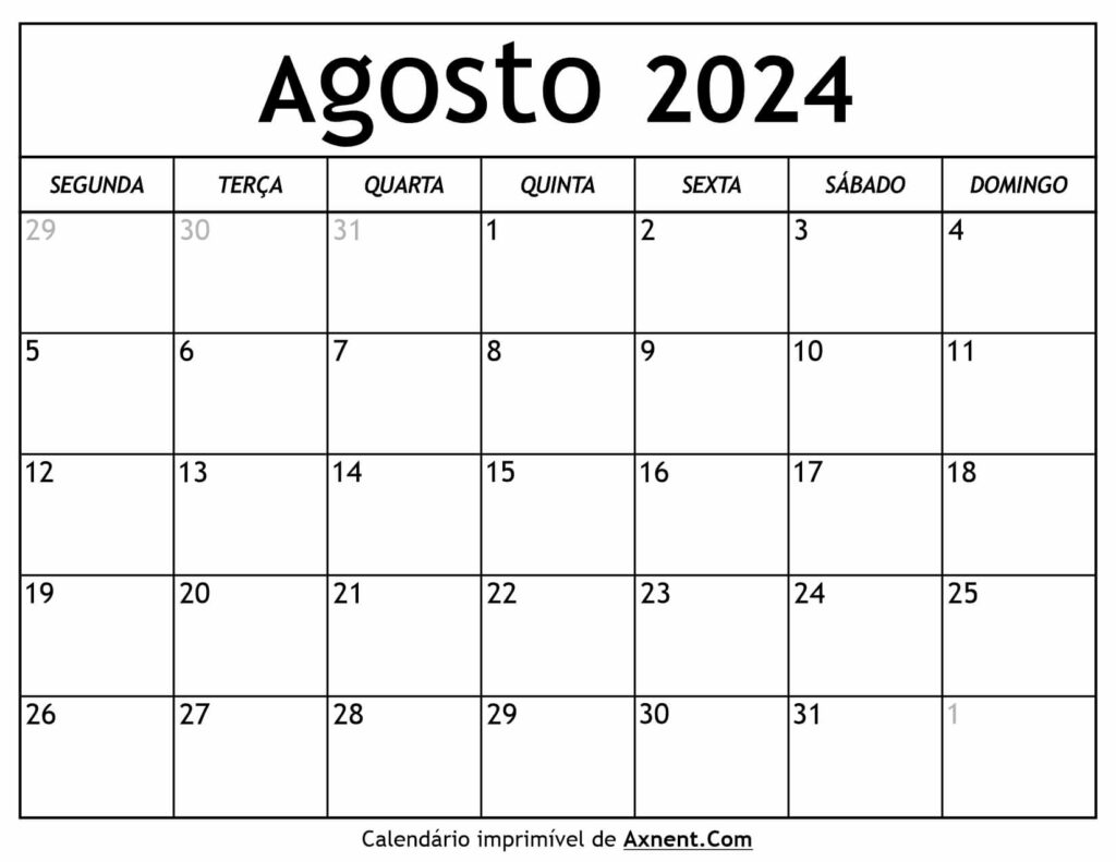 Calendário De Agosto De 2024