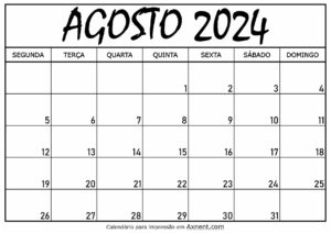 Calendário Mensal Agosto 2024