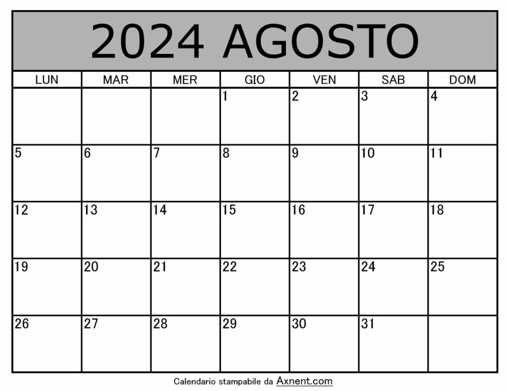 Calendario Mensile di Agosto 2024