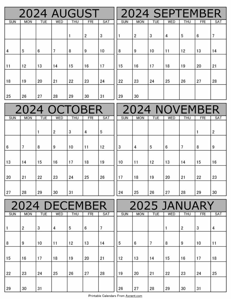 Printable August 2024 to January 2025 Calendar