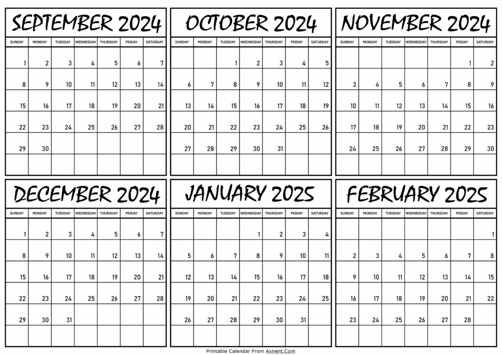 Calendar September 2024 to February 2025