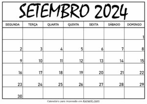 Calendário Mensal Setembro 2024