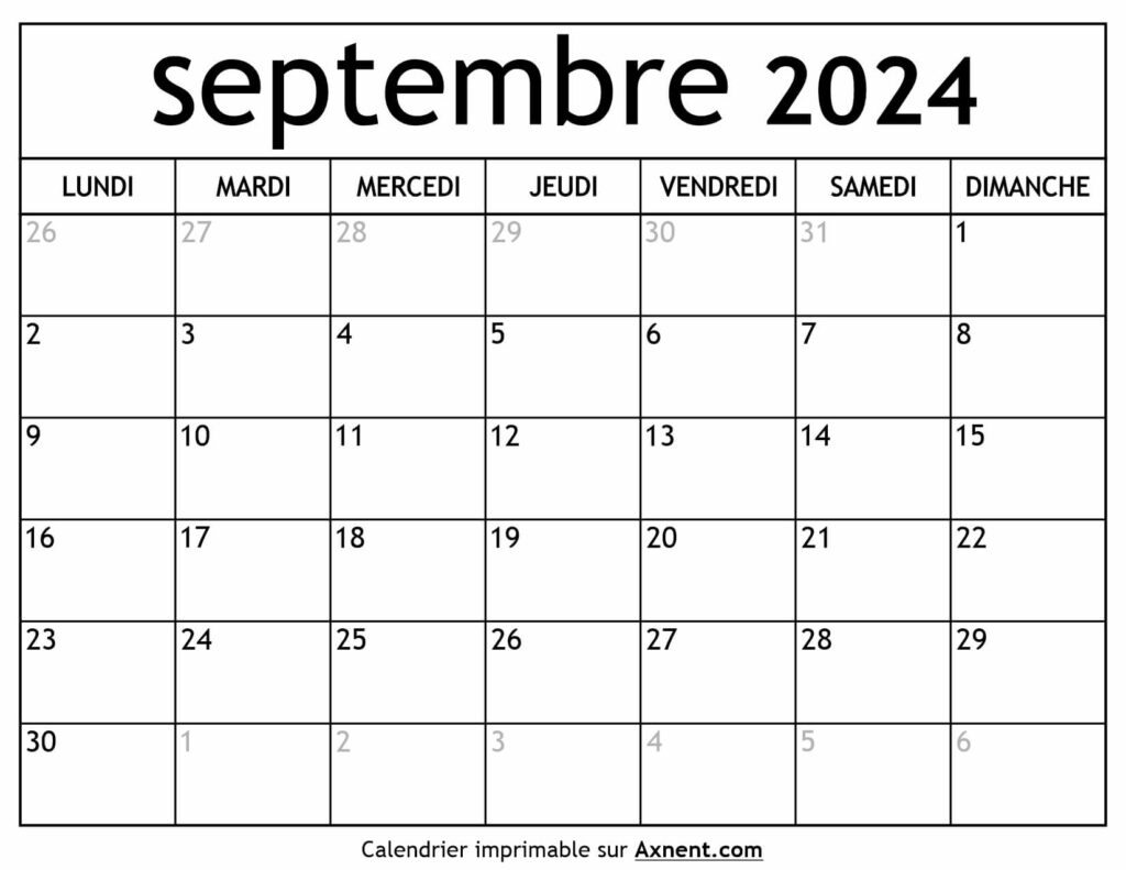 Calendrier Septembre 2024