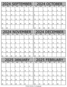 Printable September 2024 to February 2025 Calendar
