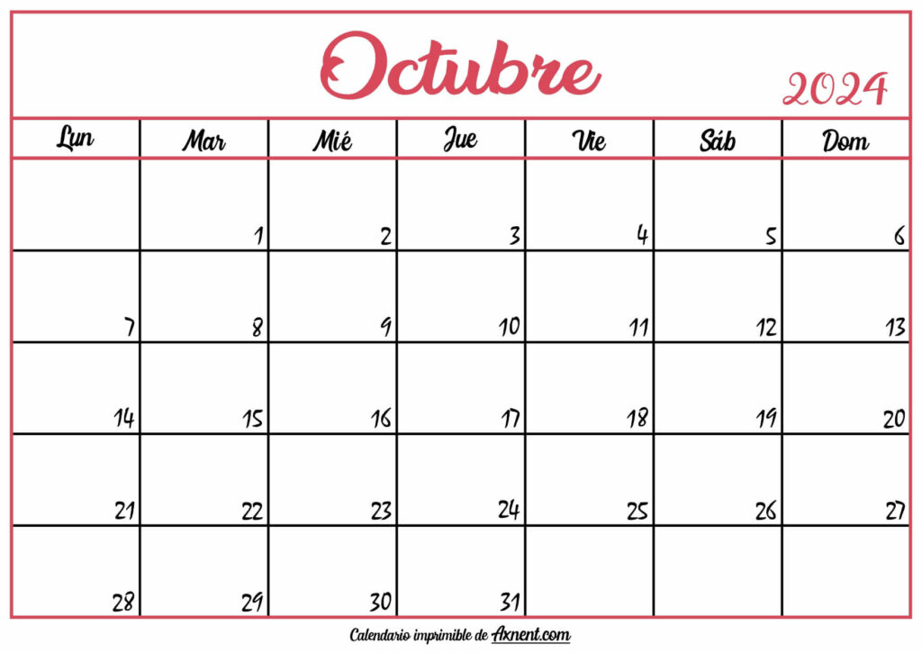 Calendario En Blanco Octubre 2024