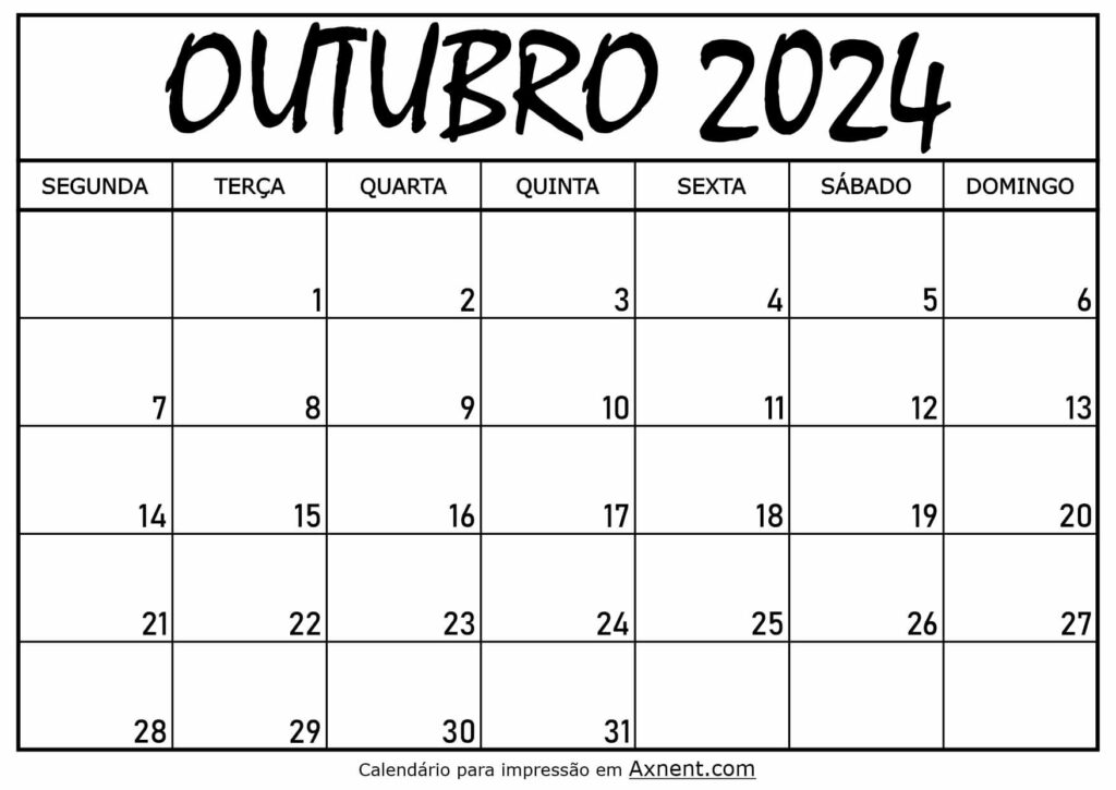 Calendário Mensal Outubro 2024
