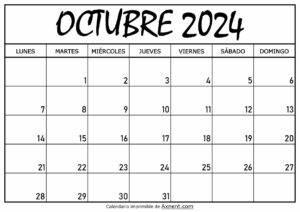 Calendario Octubre 2024 Para Imprimir