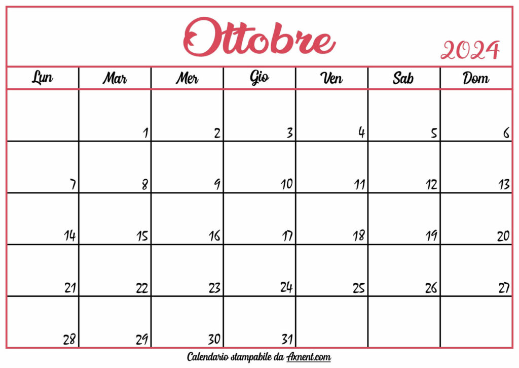 Calendario Ottobre 2024 Stampabile
