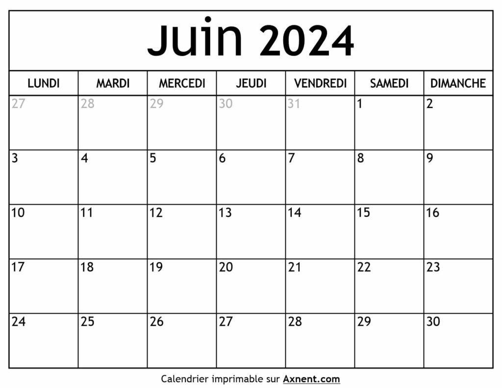 Calendrier Juin 2024
