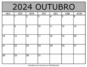Outubro De 2024 Calendario Imprimível