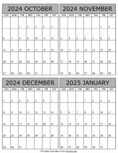 Printable October 2024 to January 2025 Calendar
