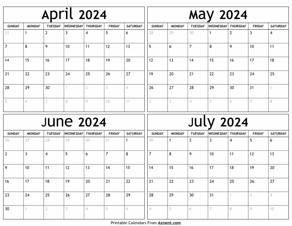 April to July 2024 Calendar