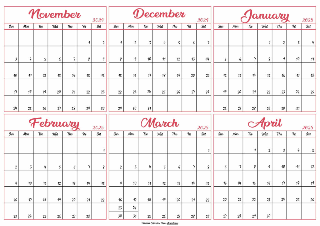 Calendar 2024 November to April 2025